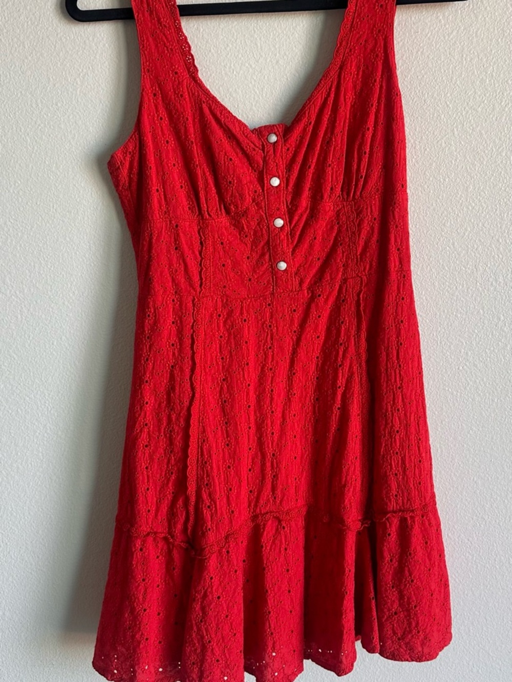 Sleeveless Red Eyelet Mini Dress with Button Front